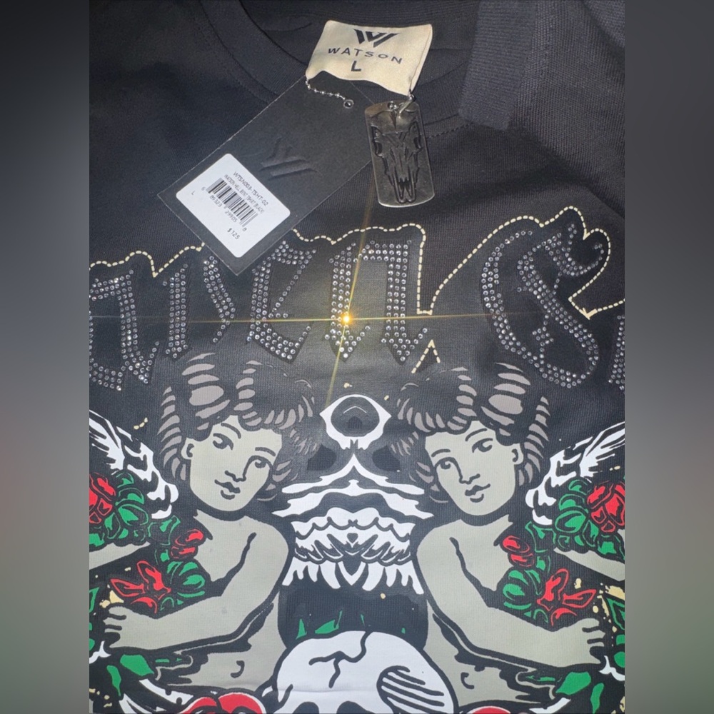 Watson Hell Bent Graphic Angel Print Black Tee with Rhinestone Logo size L